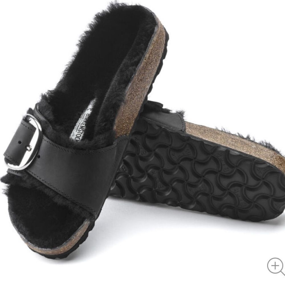 New Birkenstock Madrid Big Buckle Black Sandals Shearling Footbed EU 37 US 6/6.5